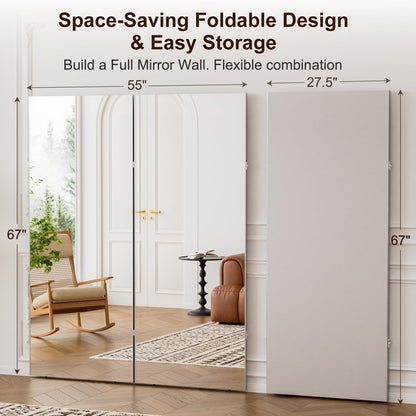 HDmuxel Space-Saving 360° Folding Full Length Mirror, 55" x 67" Oversized Standing/Leaning Mirror, Shatterproof, Lightweight Design for Home Gym, Yoga Studio, Dance Studio, Fitness Studio (Silver)