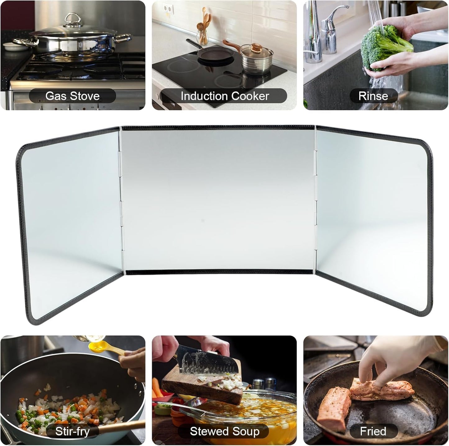 3 Sided Foldable Splatter Guard, Stainless Steel Grease Splatter Screen, Non-Stick Oil Splash Guard, Anti-Grease Cooking Shield, Heat-Resistant Stove Protector with Safe Edge, Easy to Clean (Medium)