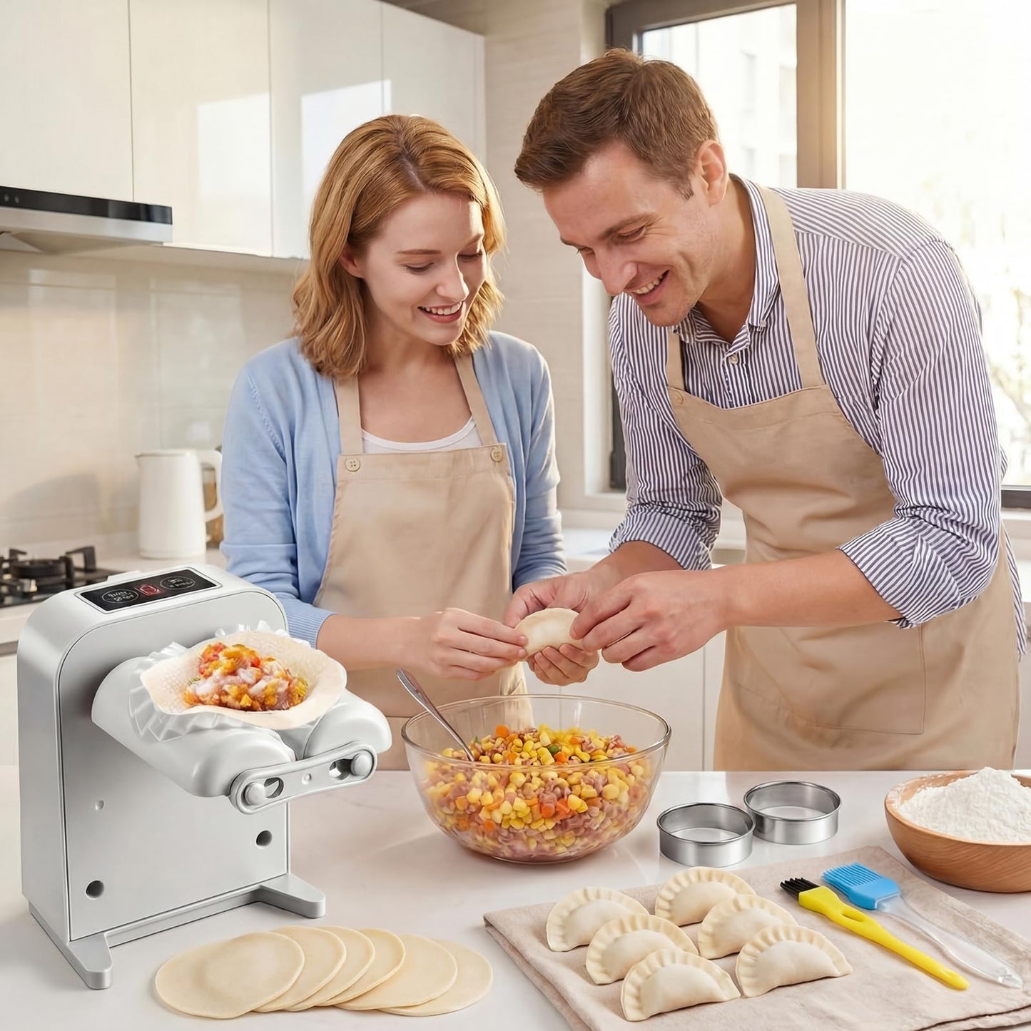 Automatic Dumpling Press Maker Machine, Household Easy Quick Electric Dumpling Maker Press Machine with Empanada Maker Press,Dough Cutters,Spoon and Brush- For Home Kitchen Christmas Birthday Gifts