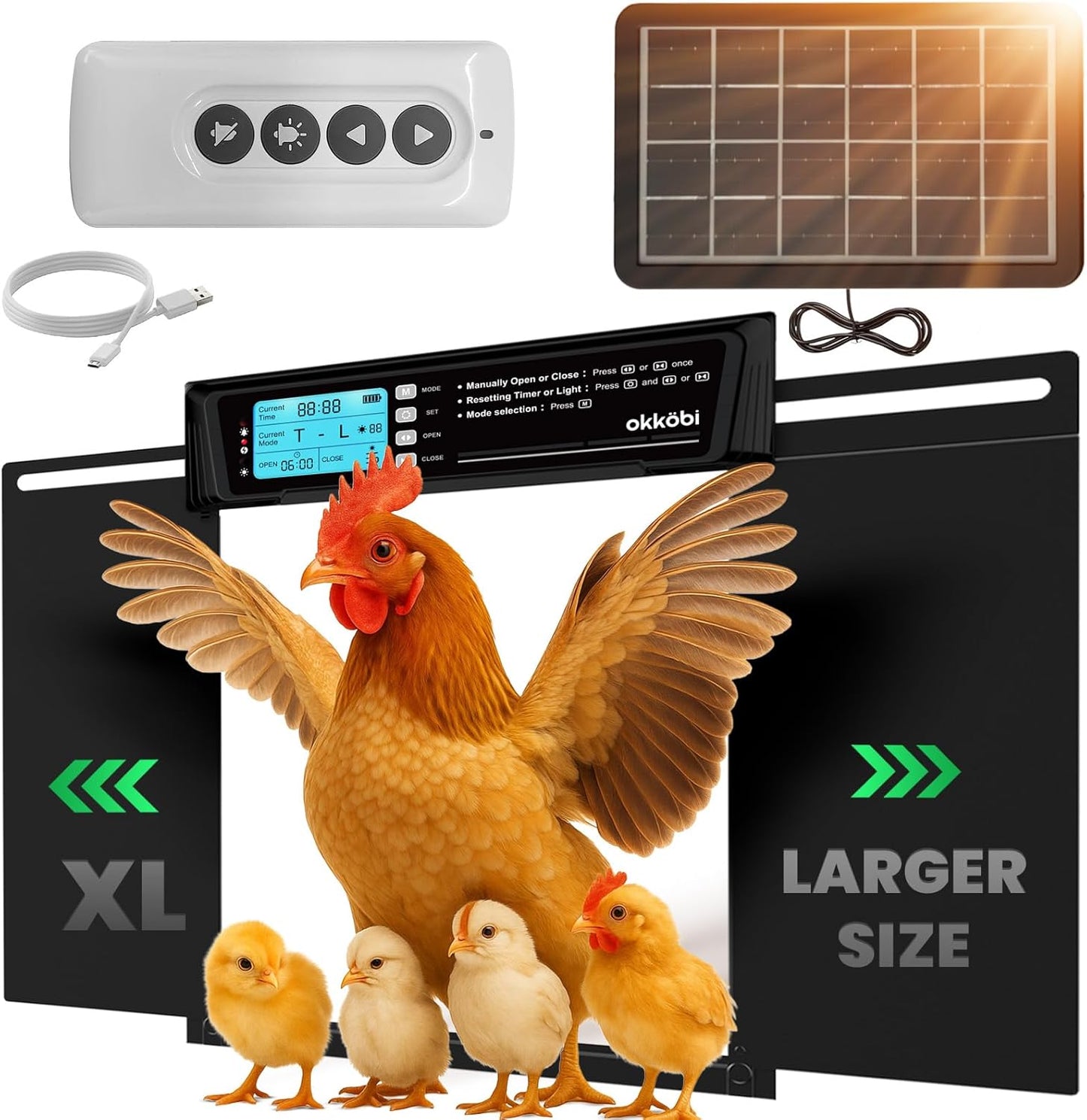 Anti-Pinch 11.3" 8.7" 5-Year Extra Large Automatic Chicken Coop Door Solar Powered with Remote - LCD Display, Light