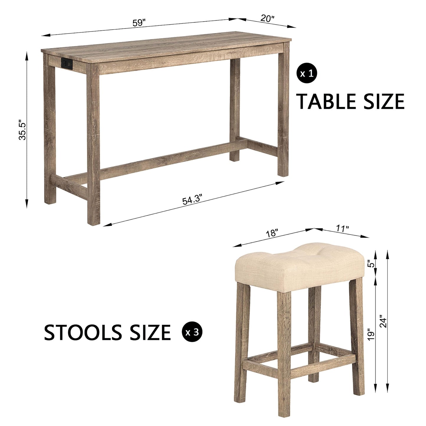 KEIKI 4-Piece Bar Table Set with Charging Ports, 59" Industrial Kitchen Table & 3 Upholstered Stools, Durable Wooden Frame, Perfect for Living and Dining Rooms, Brown