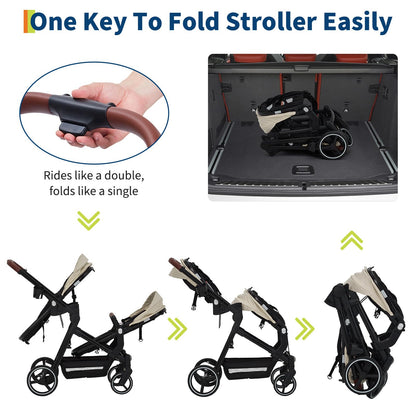 Tandem Double Stroller for Twins, Foldable Baby Stroller for Newborns 0-6 Months, Reversible Adjustable Seats, Shock-Absorbing Swivel Wheels & One-Step Brake, Storage Basket & Sun Canopy, Beige