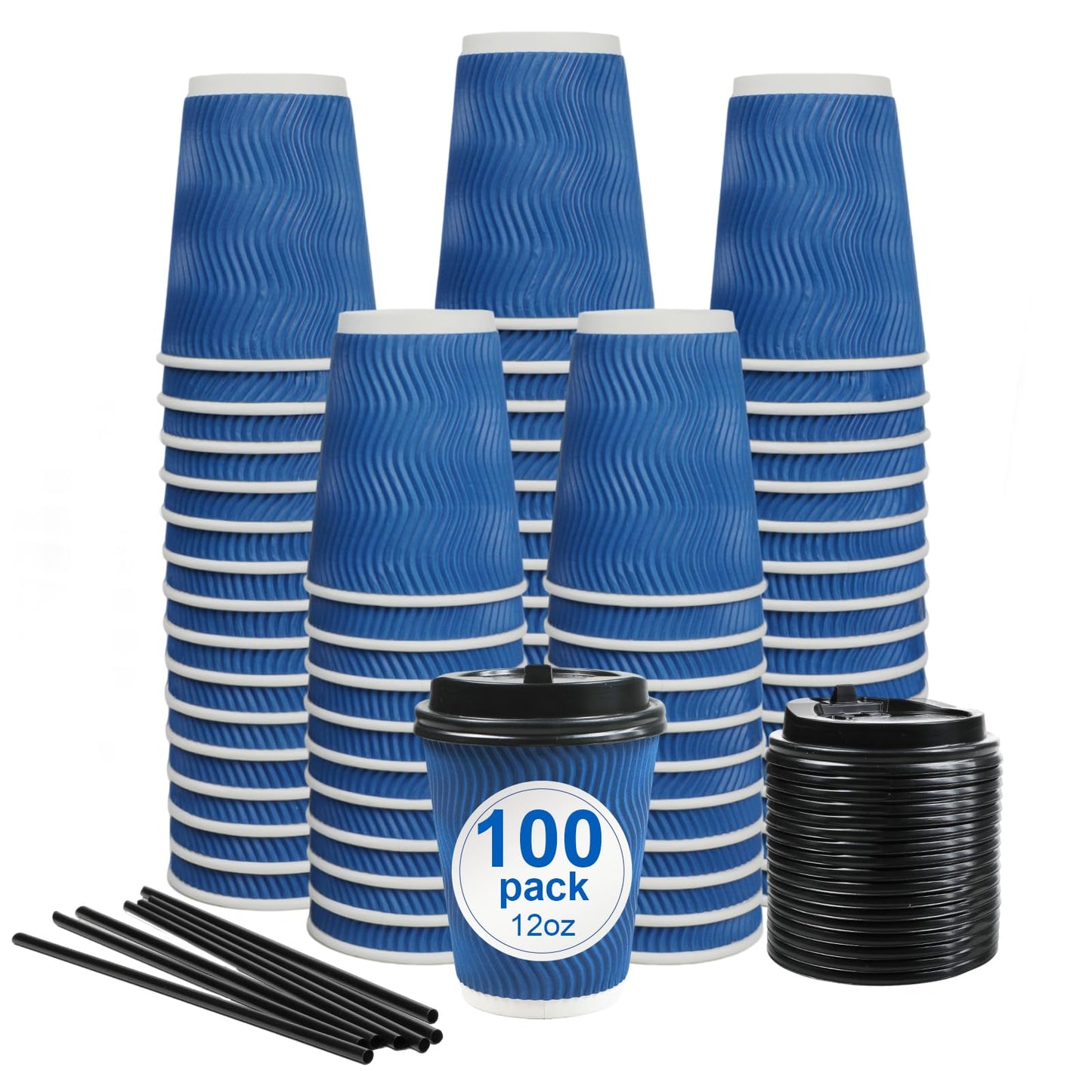 RAZCC Coffee Cups, 100 Pack 12 oz Disposable Blue Insulated Paper Cups, Corrugated Kraft Ripple Wall Cup, Comes With Lids and Straws, Suitable for Hot and Cold Drinks