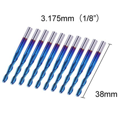 SainSmart Genmitsu 10Pcs Nano Blue Coat Flat Nose End Mill CNC Router Bits, 1/8" Shank Spiral Upcut 2 Flute End Mill Set (3.175 x 17 x 38mm)