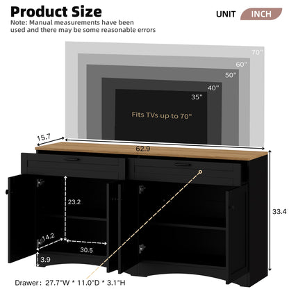 Merax Modern TV Stand Consoles for TVs up to 70'', Mid-Century Solid Wood Entertainment Center with Storage Cabinets, Practical Media Console for Living Room, Bedroom, Black