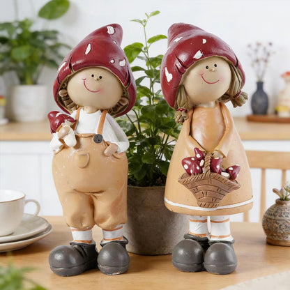 Brizoria 2-Piece Mushroom Decor Fairy Garden Accessories Outdoor Resin Cute Boy and Girl Figurines Whimsical Garden Statues Miniature Fairy Garden Supplies for Patio Yard Lawn Home