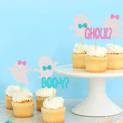 Ercadio 24 Pack Halloween Cupcake Toppers - Glitter Ghost Picks for Baby Showers & Gender Reveals