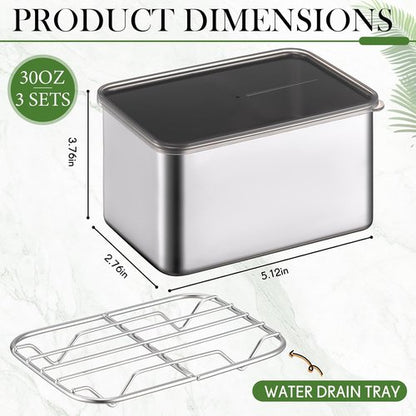 Hushee 3-Piece Stainless Steel Food Storage Containers - Airtight with Removable Drain Tray, 30 oz