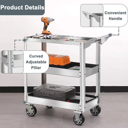 3-Tier 14 Gauge Stainless Steel Utility Cart, 1100 lbs Heavy Duty Service Cart with Wheels, Rolling Tool Cart on Wheels for Mechanic, Garage, Workshop, Warehouse, 15.75" D x 30.7" W x 36.2" H