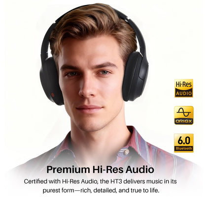 TOZO HT3 Hybrid Noise Cancelling Headphones, 90H Battery Life Wireless Over Ear Bluetooth 6.0 Foldable Headset, AI Voice Assistant with 5 Mics, Connect 2 Devices and Hi-Res Sound, 32 EQ Audio Presets