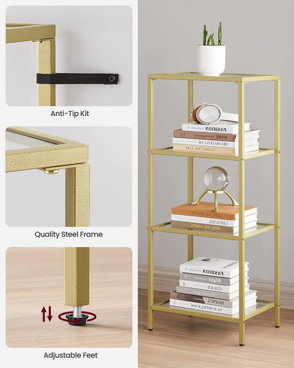 VASAGLE Bookcase, 4-Tier Bookshelf, Slim Shelving Unit for Bedroom, Bathroom, Home Office, Tempered Glass, Steel Frame, Metallic Gold ULGT28G