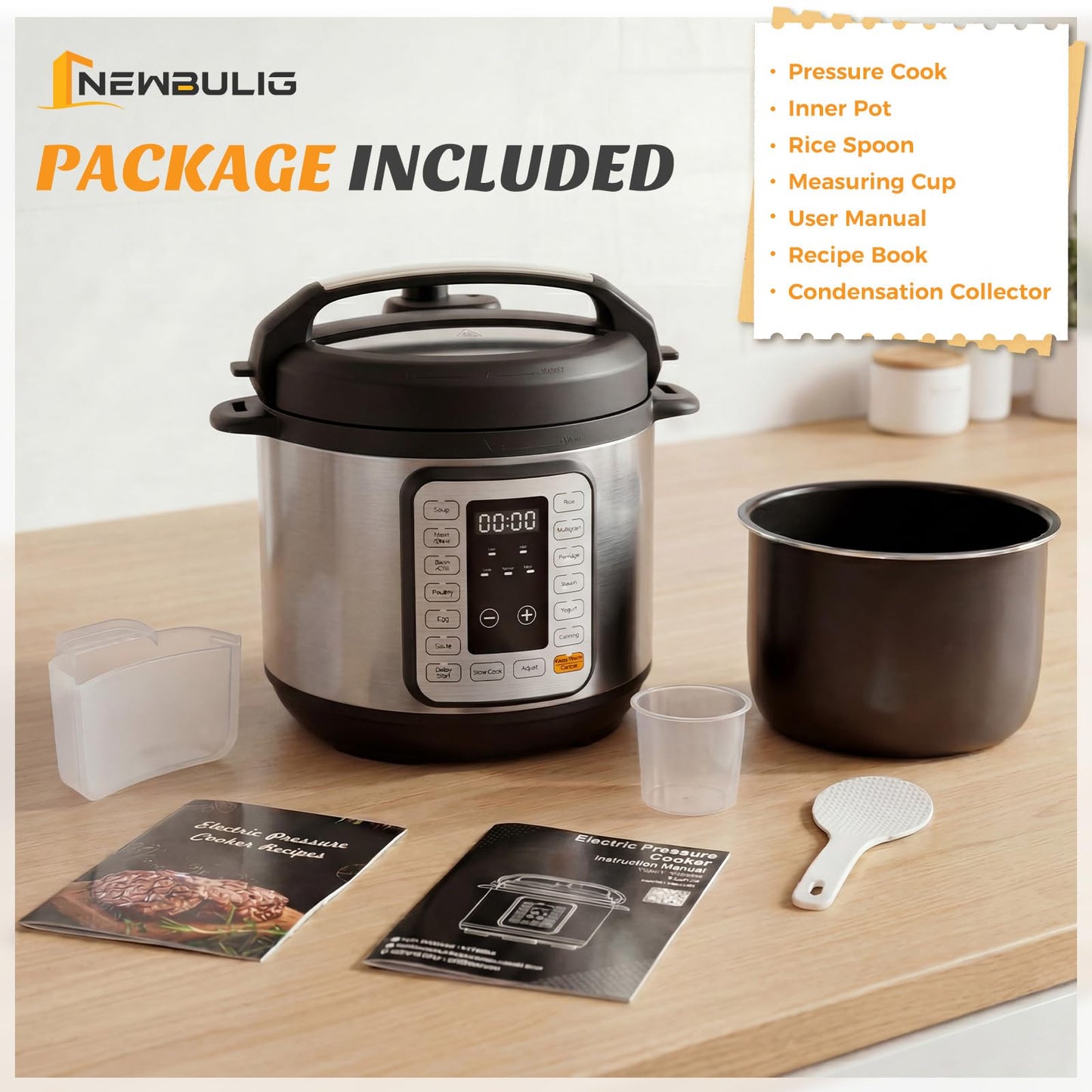 NEWBULIG 16-in-1 Electric Pressure Cooker, 6QT Multi Cooker with 12 Presets, Slow Cook Rice Steamer Sauté Soup Meat Stew Canning Yogurt Maker, Ceramic Inner Pot & Recipe Book Included, Silver