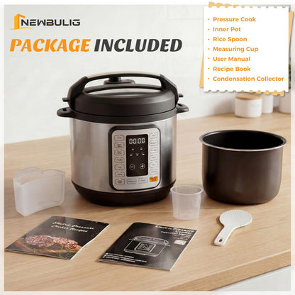 NEWBULIG 16-in-1 Electric Pressure Cooker, 6QT Multi Cooker with 12 Presets, Slow Cook Rice Steamer Sauté Soup Meat Stew Canning Yogurt Maker, Ceramic Inner Pot & Recipe Book Included, Silver