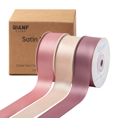 QIANF Dusty Rose Double Face Satin Ribbon 1 Inch x 45 Yards Champagne Pink/Rose Gold/Mauve Fabric Ribbon for Gift Wrapping, Flower Bouquets, Bows Making, Wedding Decor (3 Rolls *15Yd)
