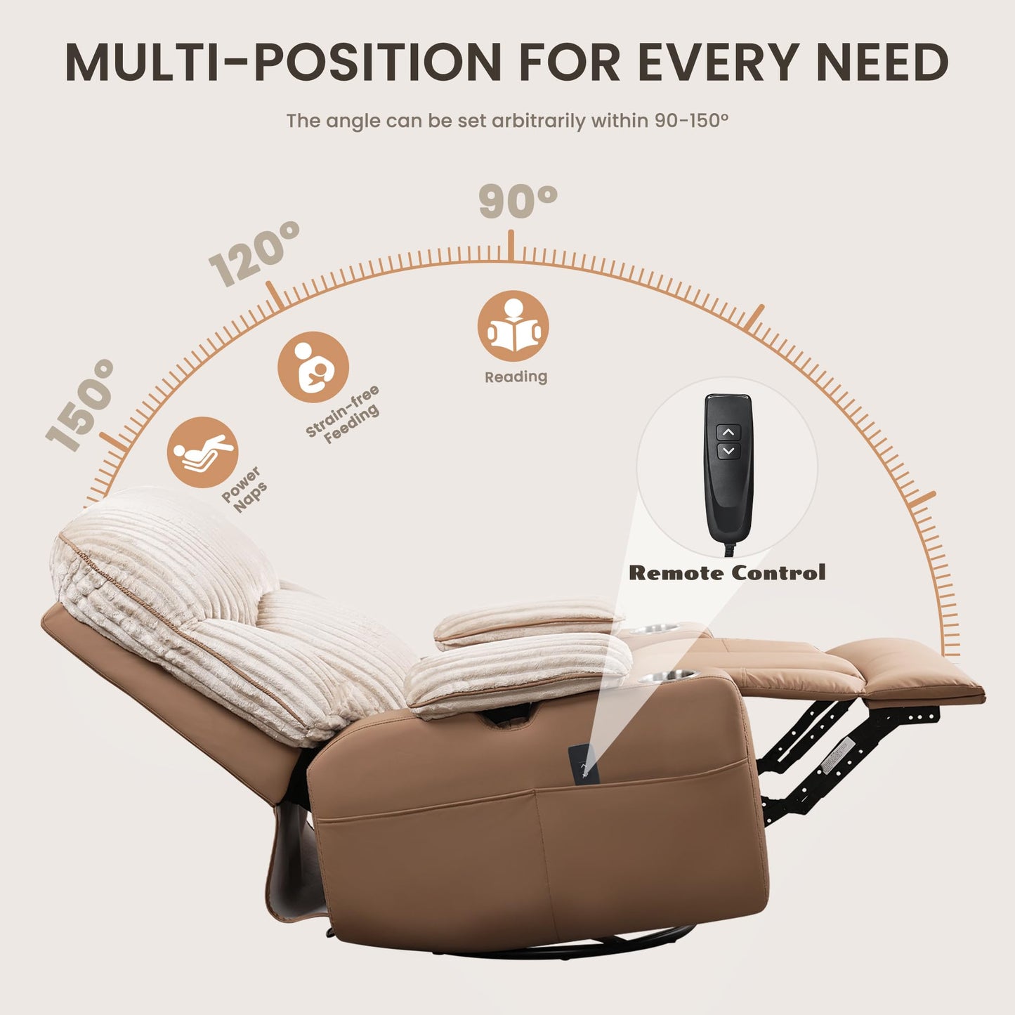GRAINELL Rocking Chair Nursery, Electric Swivel Recliner Glider with Adjustable Armrests, Nursing Chair with USB Charger, Cup & Blanket Holders, Brown Corduroy & PU Leather
