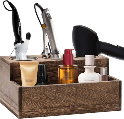 Rustic Wooden Hair Dryer Holder - Hair Tools Organizer with 3 Circular Holes and 1 Compartment for Bathroom Vanity