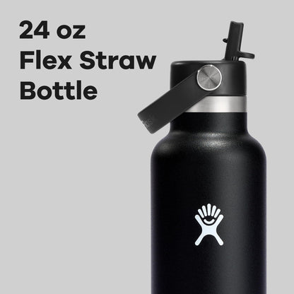 Hydro Flask Water Bottle - Insulated Stainless Steel - Straw Lid, Non Spill, Leakproof 24 Oz Black