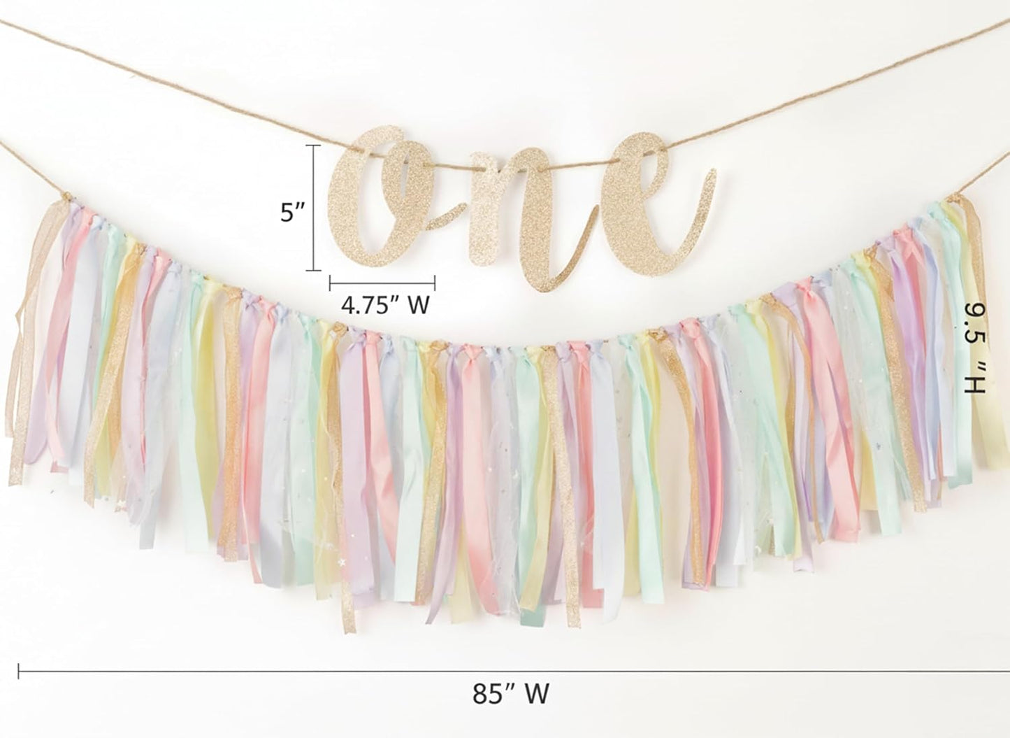 1st Set PapaKit Girls Birthday High Chair Premium Decoration - Pastel Rainbow Ribbon Garland, Crown, One Banner & Cake