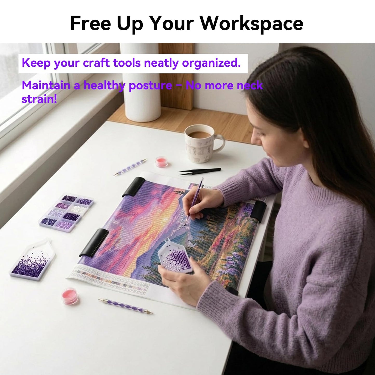 Diamond Painting Canvas Roll Holder & Adjustable Table Clamp Bundle, Diamond Art Accessories and Tools with Anti-Scratch Pads, Anti-Roll Canvas Straightener Fits 2.64" Desks