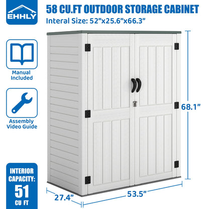 EHHLY Vertical Resin Storage Shed, 60 Cuft Garden Tool Sheds & Outdoor Storage, Plastic Outdoor Storage Cabinet Waterproof, 4.5 x 2.3 ft Backyard Outside Lawn Mower Storage Shed, Light Grey
