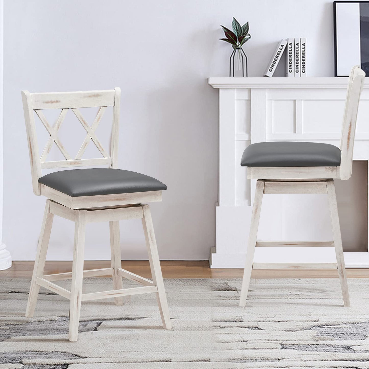 COSTWAY Bar Stool Set of 4, 360 ° Swivel Counter Height 25inch Bar Stool with Foot Rest Upholstered Cushion & Ergonomic Backrest, Sturdy Frame, for Pub, Kitchen Islands (4, Antique White + Grey)