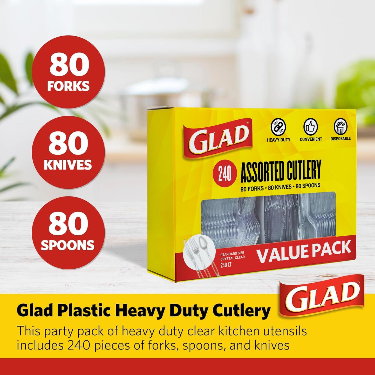Glad Clear Disposable Cutlery Set with Heavy Duty Plastic Forks, Knives, and Spoons, Reusable Dishwasher Safe Plastic Utensils for Parties and Everyday Use, 240 Count