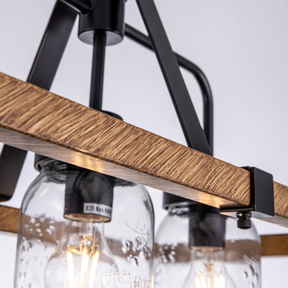 Wellmet Kitchen Island Chandelier, Mason Jar Pendant Light Dining Room, 5-Light Wooden Paint Pendant Light for Living Room, Dining Table, Kitchen, Hallway, Restaurant, 39.3''W