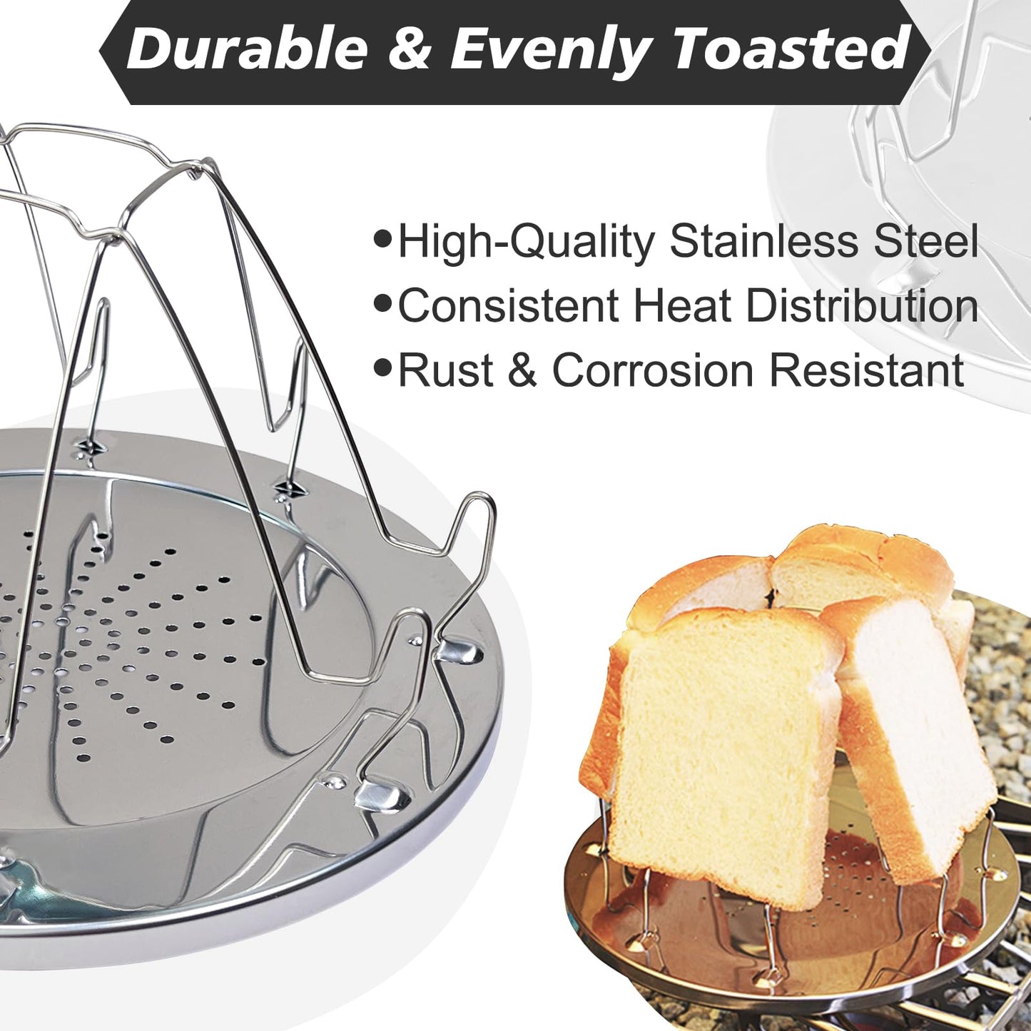 Meanhoo Folding Camping Toaster for Gas Stove Top – Stainless Steel 4-Slice Camp Stove Toaster Rack Holder – Portable Outdoor Bread Toaster for Camping, RV, Hiking & Picnic (Includes Tongs)