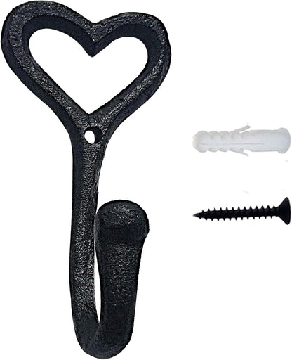 ZEYU Heavy Duty Coat Hooks, 4pcs Cast Iron Love Heart Shape Wall Hooks for Hanging Coats, Black No Rust