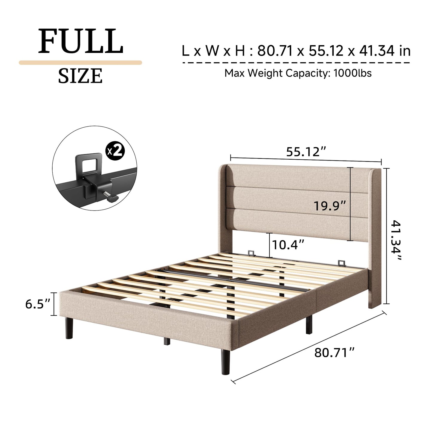 Mxhtcewz Full Size Upholstered Platform Bed Frame, Modern Linen Fabric Bed with Wingback Headboard, Sturdy No Wobble, Noise-Free & Easy Assembly, No Box Spring Needed, Beige