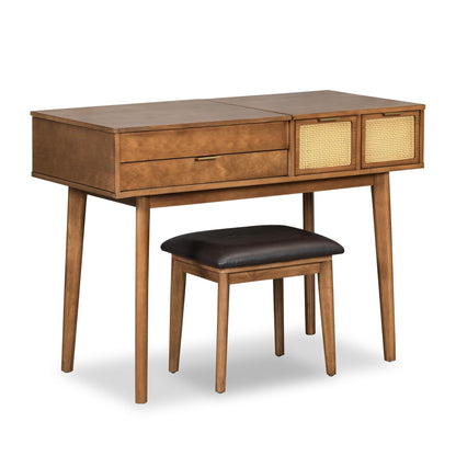 GDFStudio 43.3" Makeup Vanity Set with Flip Top Mirror, Brown Classic Wood Dressing Table with Three Drawers, Upholstered Stool, Hidden Mirror Design, Storage Vanity Furniture for Bedroom