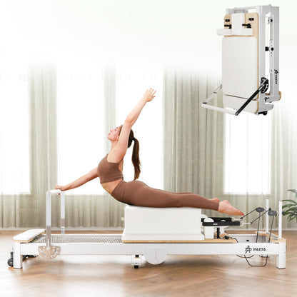 PAETA Pilates Reformer, 92” Aluminum Reformer Pilates Machine, Foldable Pilates Machine Equipment, with Music Wire Springs and Jump Boards, Cream White