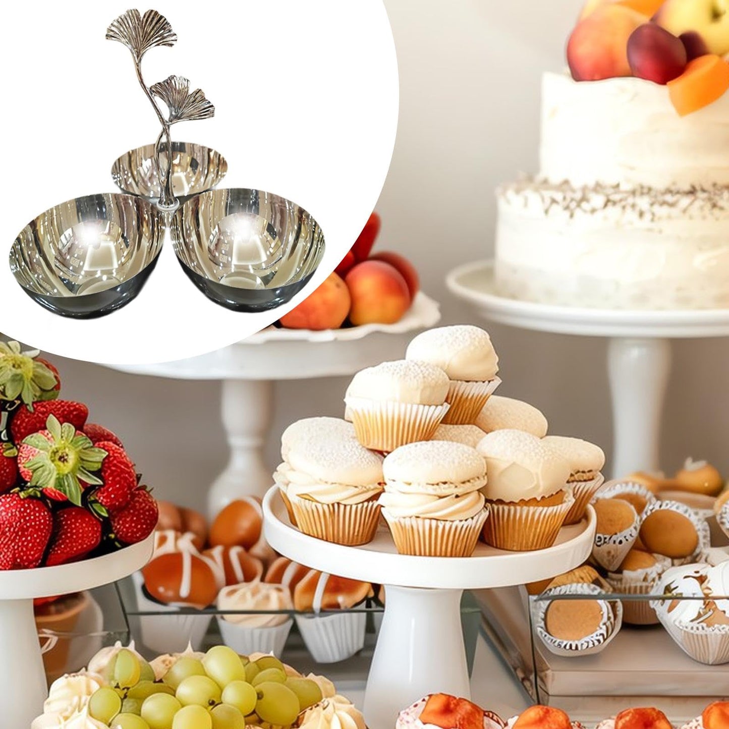 ＫＬＫＣＭＳ Stainless Steel Snack Bowls,3 in 1 Cluster Serving Bowls,Decorative,Portable,Connected Fruit Bowl for Snacks Home Decor Tea, Ginkgo Handle
