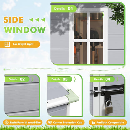 Devoko 6 x 4 FT Plastic Outdoor Storage Shed with Floor, Resin Tool Shed with Window, Outside Waterproof Garden Shed with Lockable Door for Patio, Backyard, Poolside, Light Grey