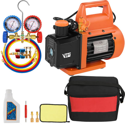 VTG VOGTEN 4.5 CFM AC Vacuum Pump and Gauge Set,for Mini Split/HVAC/Auto Systems,Manifold Gauge Kit Compatible with R134a R12 R22 R502,Includes 2 R134a Can Taps,R410a Adapters