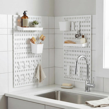 4 Pack White Peg Boards with Hooks & Shelves,22pcs Kits Pegboard Wall Organizer Set–Pegboard Wall Display Rack for Office, Kitchen, Gaming Room Desk Pegboards Storage