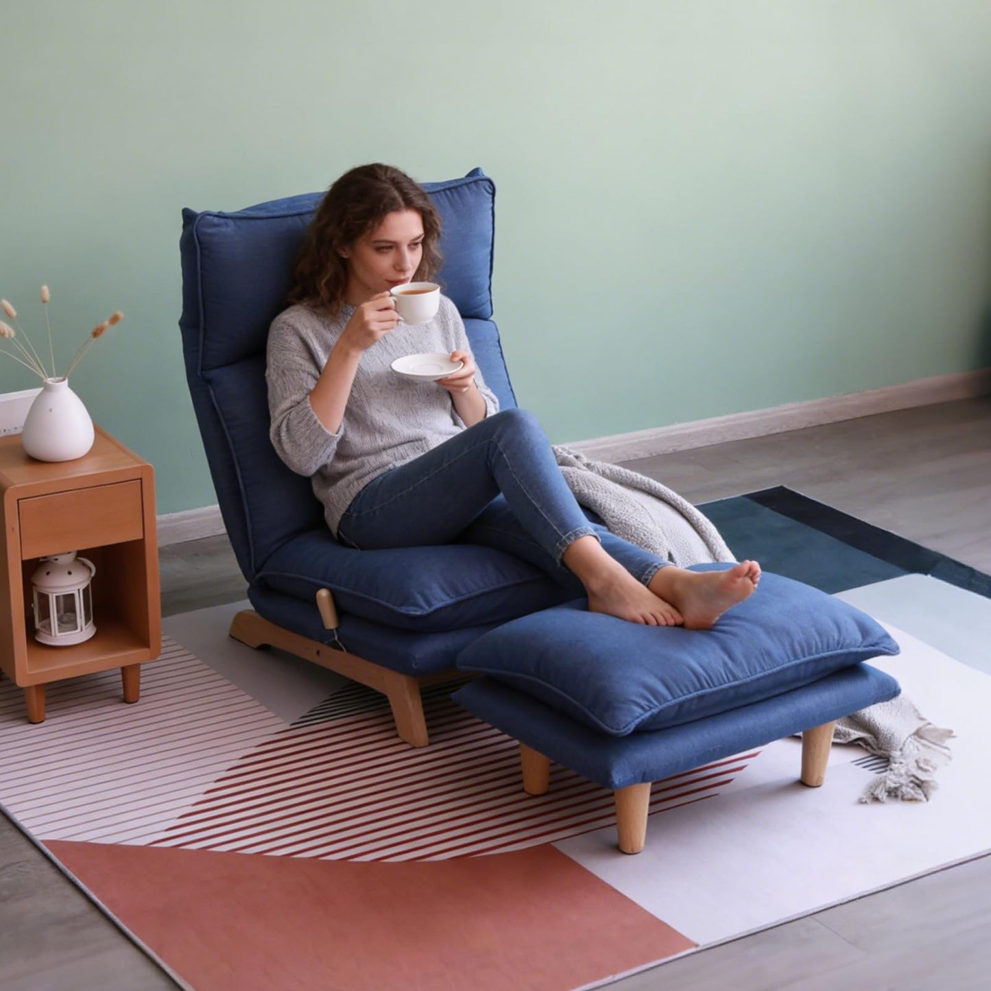 Dark Blue Lazy Floor Lounger with Ottoman, Adjustable Floor Chair Bean Bag Style Tatami Sofa with Thick Cushions and Back Support, Comfy Lounge Seating for Adults, Gaming & Bedroom Relaxation