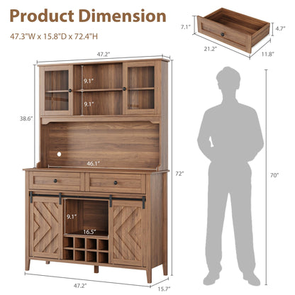 Garvee 72" Farmhosue Bar Cabinet with Sliding Barn Door, Large Kitchen Buffet with Hutch Wine with Charging Station, 2 Drawers, 8 Storage Shelves, LED Rustic Coffee Bar for Dining
