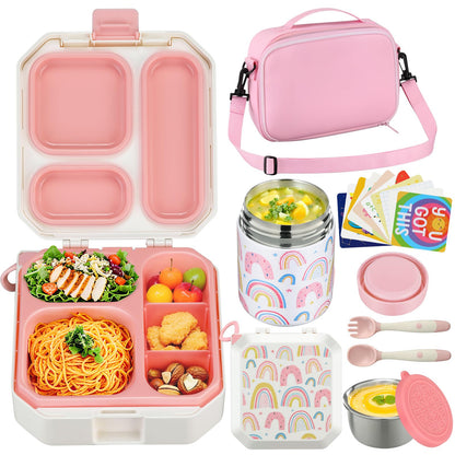 Itslife Bento Lunch Box Set for Kids with 12oz Soup Thermo&Lunch Bag, Leak-Proof Lunch Food Containers for Kids School, 5 Compartment, Sauce Cup, 10 Notes (Rainbow White)