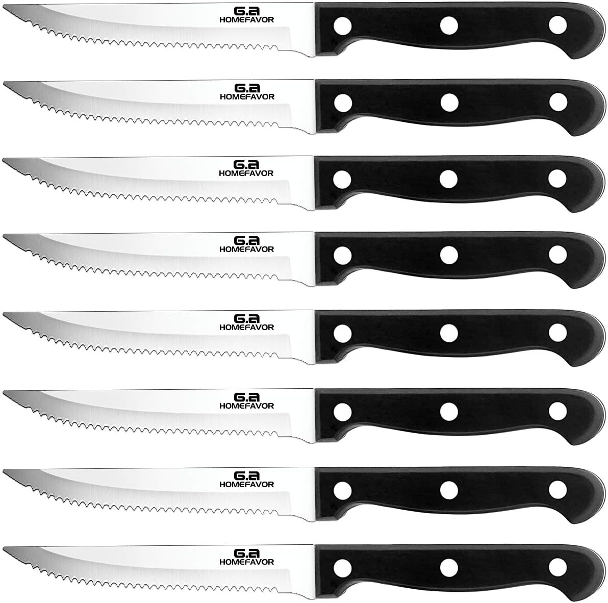 G.a HOMEFAVOR Steak Knife Set - 8 Pieces Full Tang Sharp Serrated Knives Cutlery Set, Stainless Steel, Black
