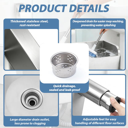 Sawysine Mop Sink with Drainage 304 Stainless Steel Commercial Floor Mop Sink Service Basin Vertical Sewage Tank for Laundry Room Restaurant Garage Balcony Industries,17.7"x16.1"x21.2"