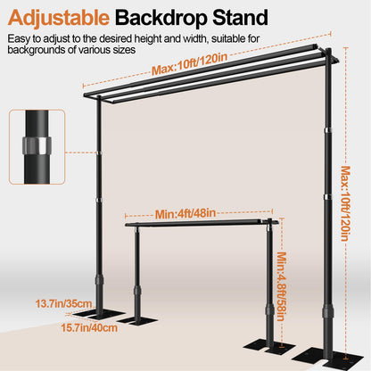 GLOSHOOTING Heavy Duty Backdrop Stand 10x10ft, Three Crossbar Pipe and Drape Backdrop Stand Kit, Adjustable Metal Frame, Background Stand for Wedding Birthday Party Decorations-Black