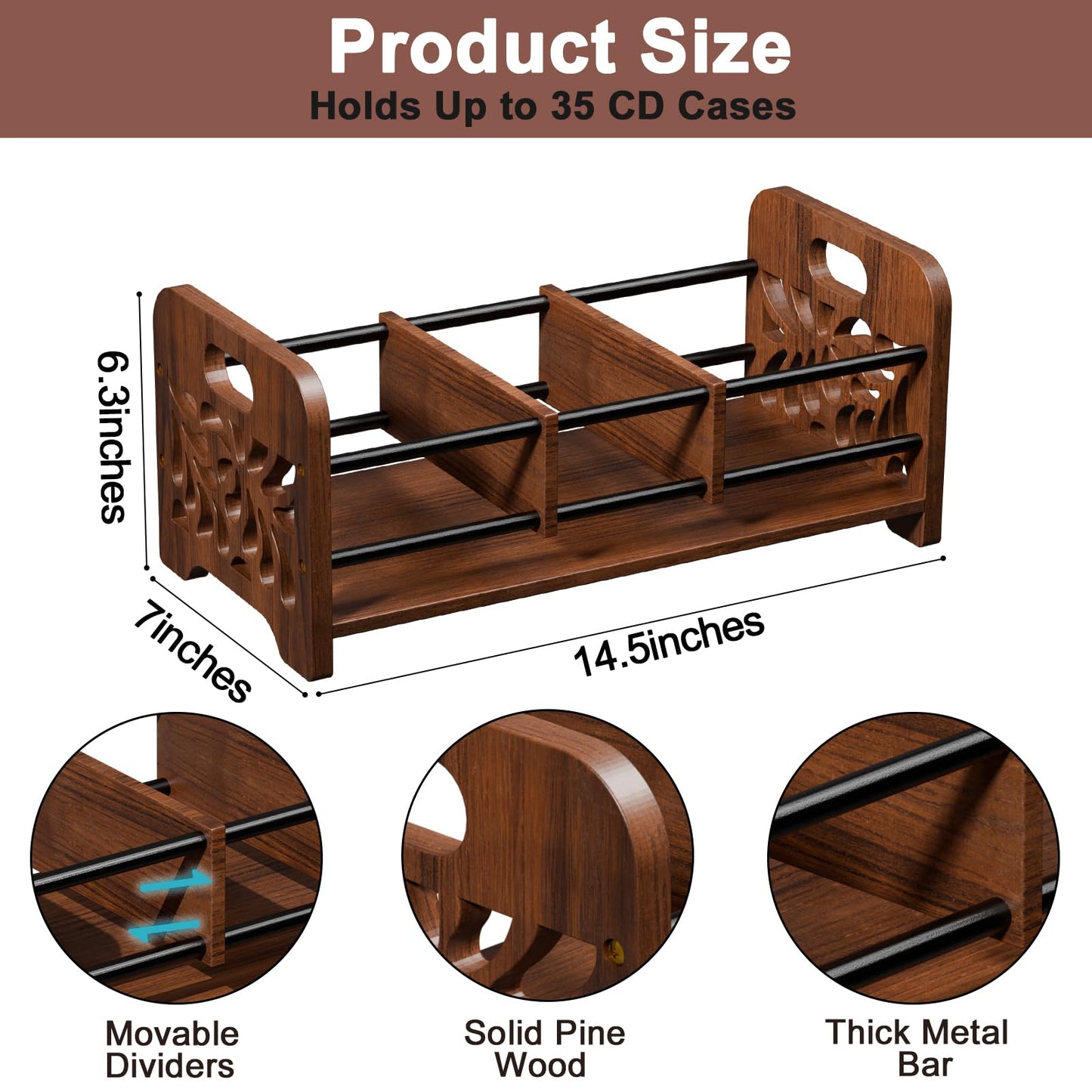 QILICHZ CD Holder,DVD Holder Storage,Wood CD Rack Organizer,DVD Rack,Cassette Tape Storage with Dividers for CDs, DVDS, Tapes,Video Game Cases, Tape Display Stand, Hold 35Pcs