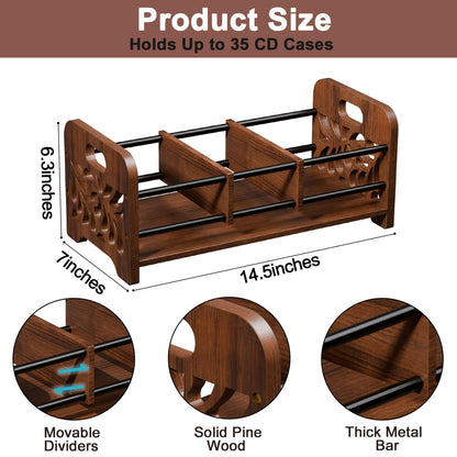 QILICHZ CD Holder,DVD Holder Storage,Wood CD Rack Organizer,DVD Rack,Cassette Tape Storage with Dividers for CDs, DVDS, Tapes,Video Game Cases, Tape Display Stand, Hold 35Pcs