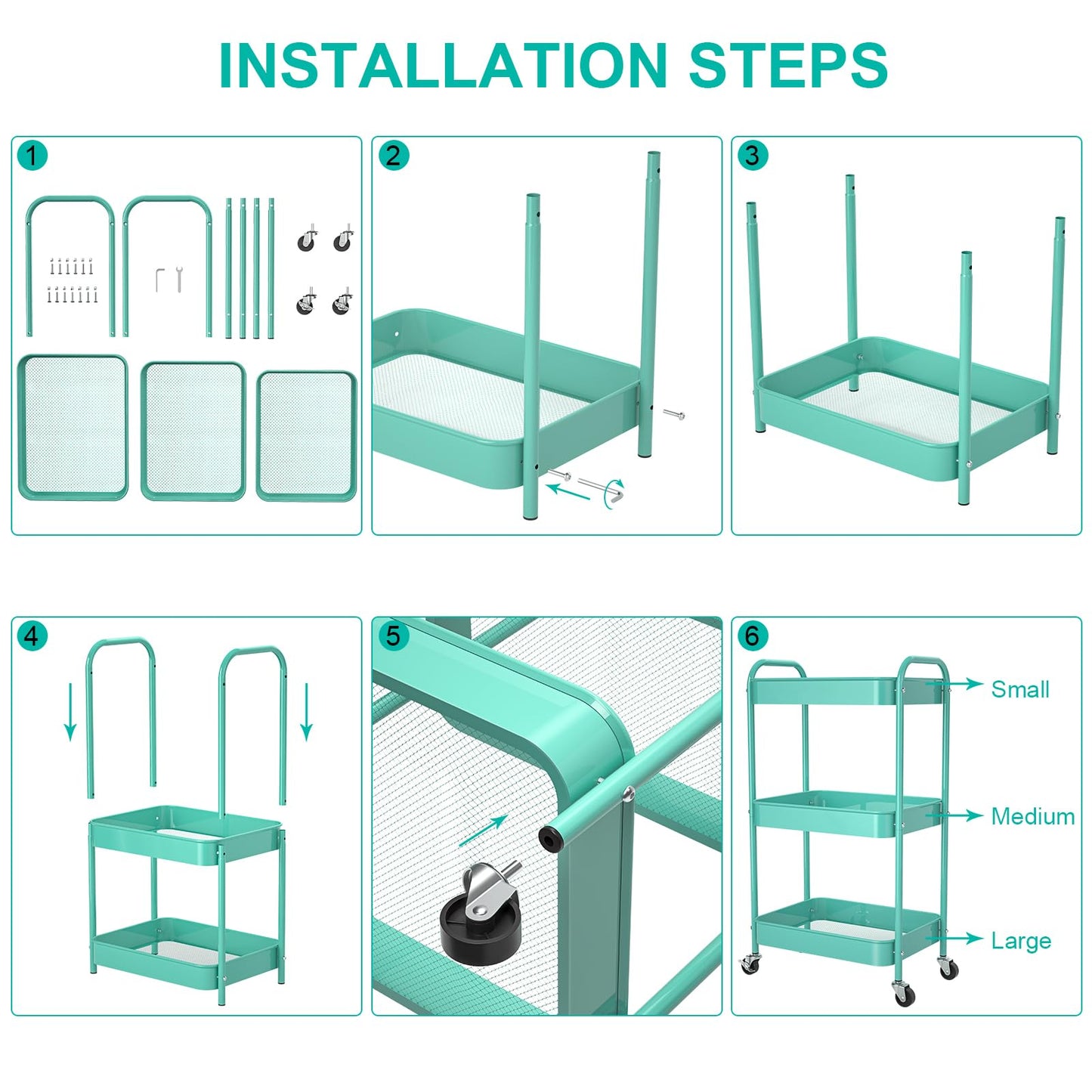 PNVXNUS 3-Tier Rolling Metal Storage Cart with Wheels, Multi-Functional Organizer for Office, Kitchen, Bathroom, Books Diapers - Easy Assembly (Blue)