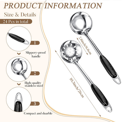 SiliFine 24 Pcs Portion Control Serving Spoons Solid and Slotted Stainless Steel Ladle Spoon 3oz Portion Scoops Cups for Kitchen Cooking Food Serving Utensils Set for Parties Buffets Home Hotels