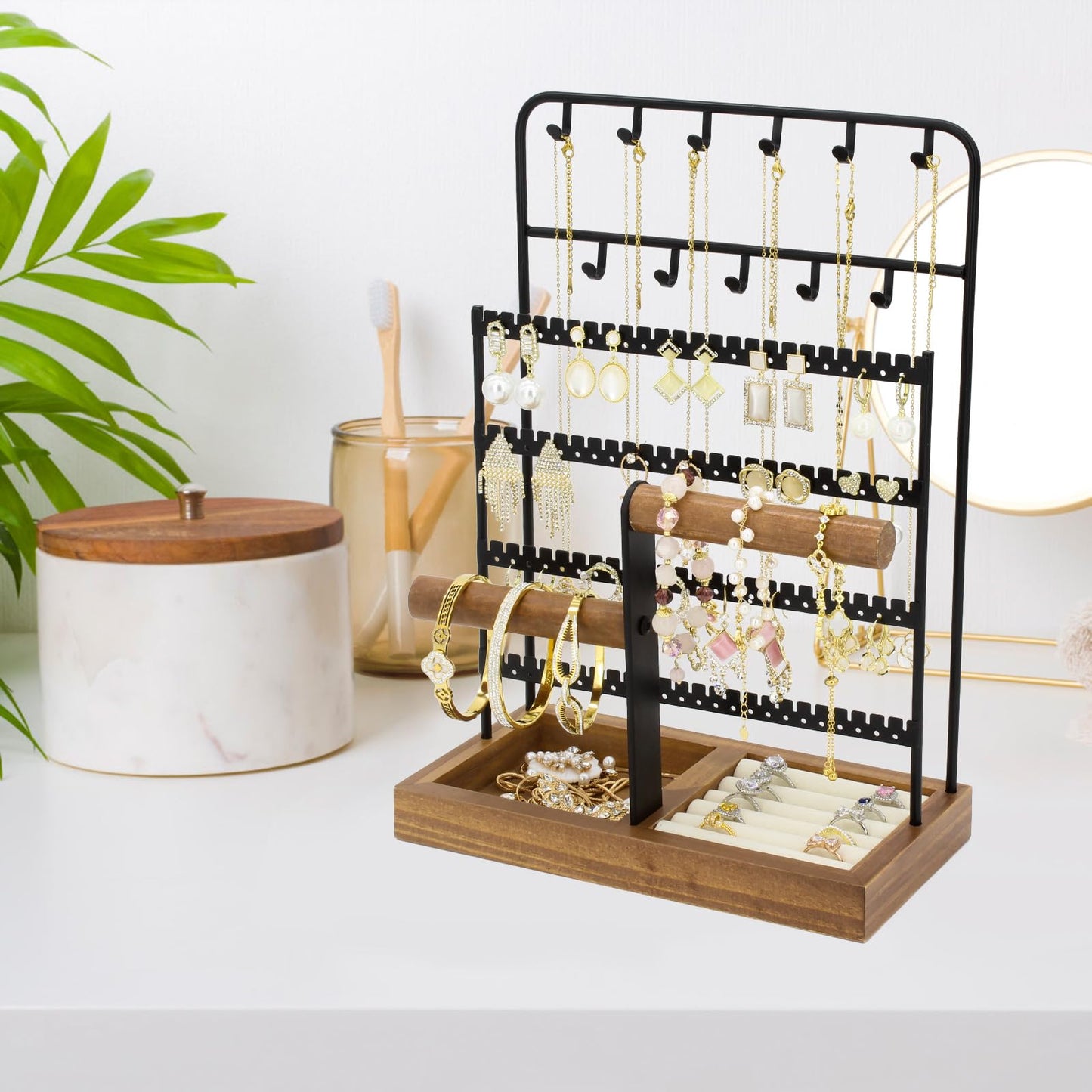 JONKASIPA Jewelry Holder Organizer Stand 4-Tier Necklace Stand Earring Holder with Wooden Tray, Jewelry Rack for Bracelets Watches and Rings Display Stand, Gifts for Women & Girls-Black