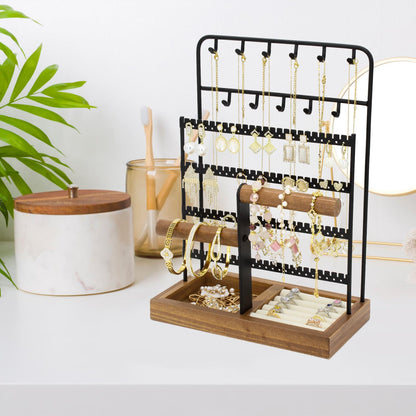 JONKASIPA Jewelry Holder Organizer Stand 4-Tier Necklace Stand Earring Holder with Wooden Tray, Jewelry Rack for Bracelets Watches and Rings Display Stand, Gifts for Women & Girls-Black