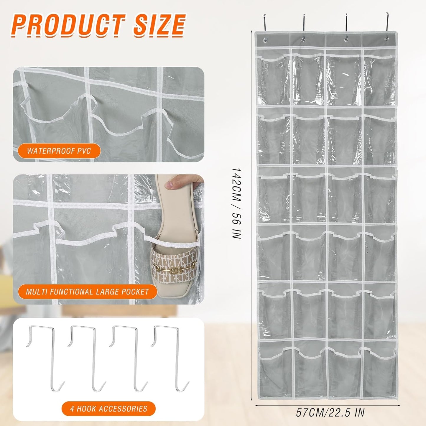 24 (56" 22.5") GOMAJI Over the Door Pocket Hanging Shoe Organizer, Space Saving Hanging Storage Holder, Gray, X