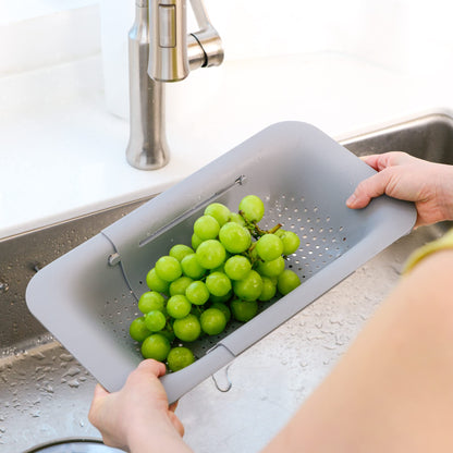 BLUE GINKGO Over the Sink Colander Strainer Basket - Wash Vegetables and Fruits, Drain Cooked Pasta and Dry Dishes - Extendable - New Home Kitchen Essentials (Grey, 1 Pack)
